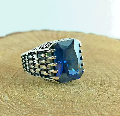 925 Sterling Silver Handmade Men's Ring With Square Shape Blue Sapphire Stone • $56