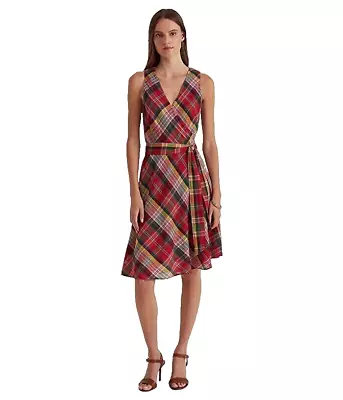 Lauren Ralph Lauren Dress Plaid Crinkle Cotton Sleeveless Belt Size 0 Madras • $54.99