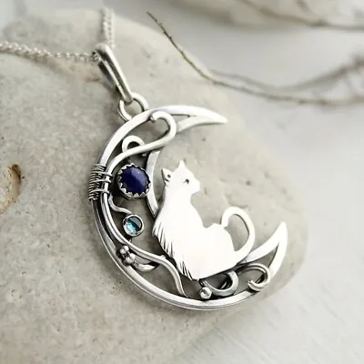 Vintage Silvery Cat Moon Necklace Charm Pendant Necklace Boho Women Jewelry Gift • $2.50
