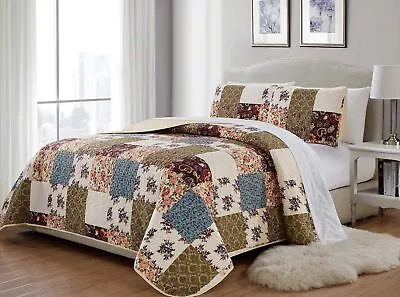 Mk 3pc King/California King Home Bedspread Quilted Print Floral Beige Burgund... • $61.75