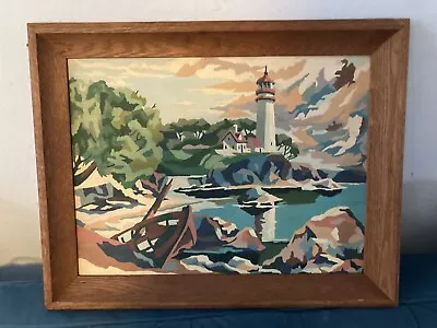 VINTAGE FRAMED PAINT BY NUMBERS Painting Lighthouse Coastal 18.5” X 15 Pretty • $44