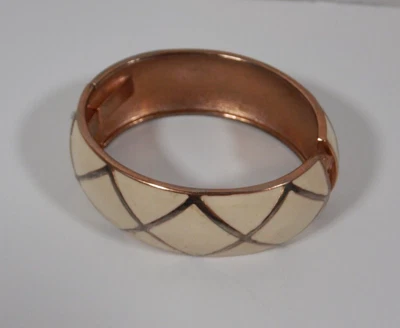$22 • Buy Premier Designs Hinged Cuff Bangle Braclet Gold Tone And Cream Enamel