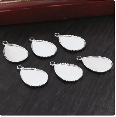 10 Bright Silver Teardrop Blank Cabochon Pendant Settings Fits 18x13mm Flat Back • £4.50