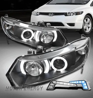 For 06-11 Honda Civic Coupe Halo Projector Black Headlight +Blue LED DRL Signal • $181.95