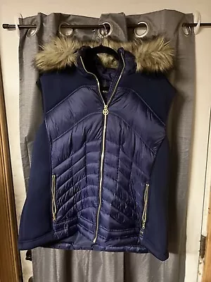 Michael Kors Blue Puffer Vest Sz XXL Fur Hood • $31