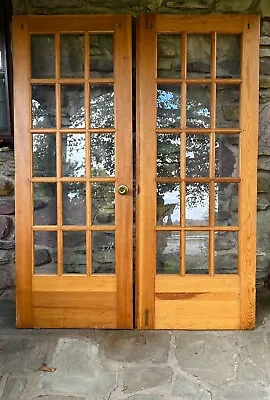 VINTAGE MID CENTURY SOLID WOOD FRENCH DOORS SET OF 2 15 LITE EACH 1960s • $595
