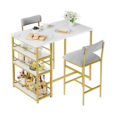 Marble Pattern Dining Table Set With 3-Tier Storage Shelf 2 Upholstered Chairs • $64.79