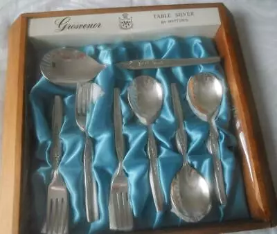 Vintage Boxed Set Grosvenor Gaye Silver Plate 6 Fruit Spoons 6 Forks & Server • $40