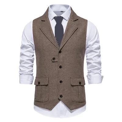 Men Herringbone Tweed Lapel Wool Waistcoat V-Neck Sleeveless Vest Vintage Suit〕 • $5.52