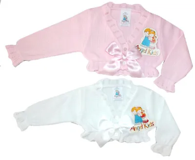 Baby Girl Cardigan Spanish Bolero Style Bow Pink & White Angel Kids 0-3 3-6 6-9M • £7.85