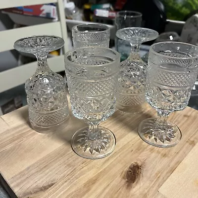 5 Anchor Hocking Wexford Wine Glasses Set Vintage Clear Cut Etched Stemware Lot • $1.25