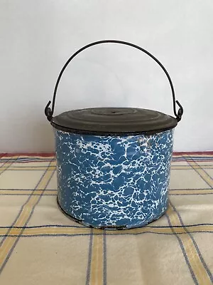 Vintage Blue & White Enamelware Berry Bucket /Lunch Pail With Lid & Bail Handle • $49.95