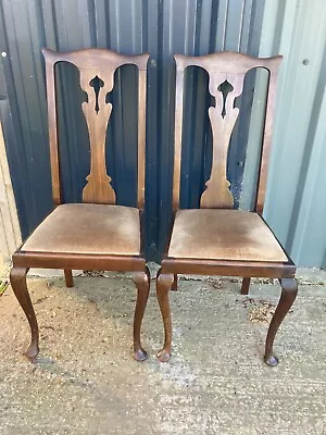 Vintage Antique Brown High Back Dining Chairs X 2 Velvet Seat Queen Anne Legs • £79.99