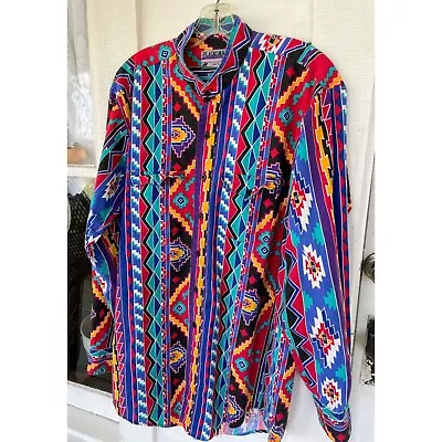 Vintage Mens 1990s Plainsman Tall Aztec Colorful Western Cotton Shirt XL • $35