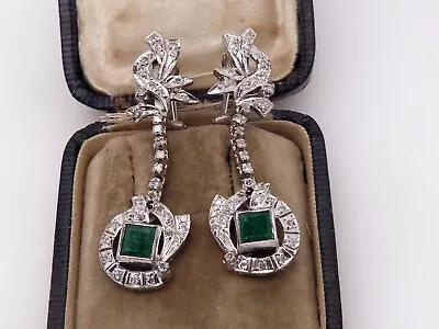 Vintage Palladium ART DECO ANTIQUE DIAMOND COLOMBIAN EMERALD DROP Earrings #M19 • $399.95