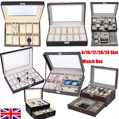 Mens 6 10 12 20 24 Grids PU Leather Watch Display Case Collection Storage Box UK • £10.79