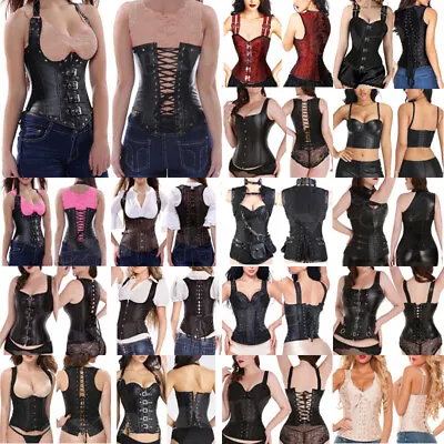 Womens Boned Retro Goth Steampunk Sexy Corset Vest Halter Lace Up Waist Cincher • £22.79