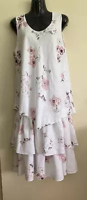 La Strada Italy Sz M  White Multi Floral Print Linen Tiered Ruffle Midi Dress • $45