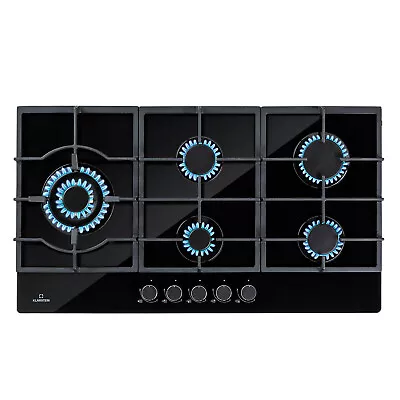 Gas Hob 90 Cm 5 Burner Ring Black Glass Ceramic Gas Cooker Hob Gas Burner Hob • £694.16