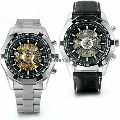 Mens Stainless Steel/Leather Band Skeleton Dial Automatic Mechanical Wrist Watch • $21.84
