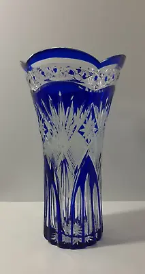 Vintage Bohemian Czech Cobalt Blue Cut To Clear Crystal Glass Vase 9.5  Tall • $169