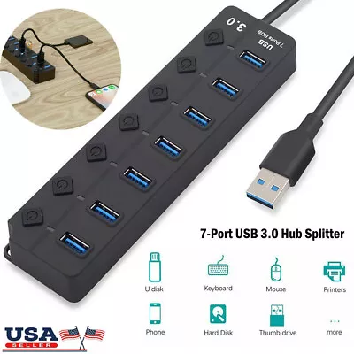 7 Port USB 3.0 Hub On/Off Switch High Speed Splitter AC Adapter Charge PC Laptop • $7.99