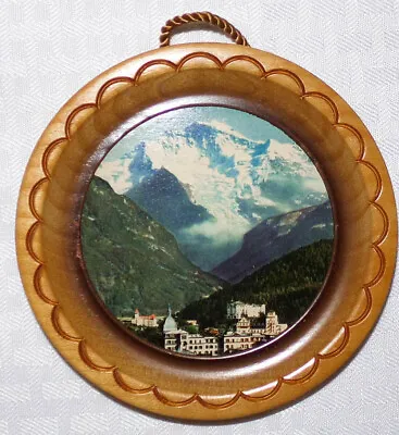 Vintage Round Etched Wood Frame With Photo Of Alps & Village Scene & Cord Hanger • $12.95