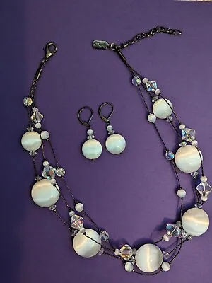 Dabby Reid Necklace Earring Set White Crystal Iridescent Stone Cabochon • $30