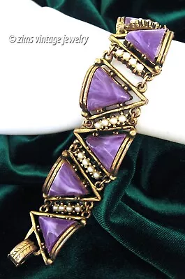 Vintage 1950’s MODERNIST Purple Lucite Pyramid Faux Pearl Gold Link BRACELET • $7.99