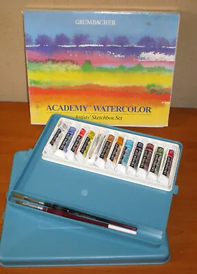 12pc Vintage GRUMBACHER Academy Watercolor Artists PAINT Set .25 Fl Oz & Brushes • $14.95