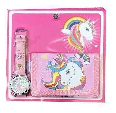 Kids Children Girls Unicorn Cartoon Quartz Analoge Wrist Watch Wallet Set • $7.39