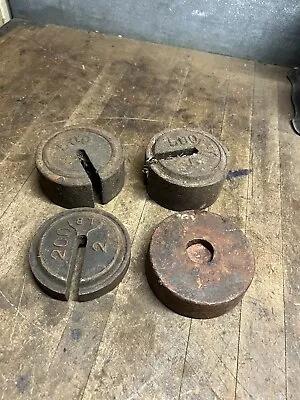 Antique Old Cast Iron Metal Hanging Balance Scale Weights Plates 2 4 5 Lb Lot • $39.99