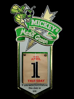 ⭐️ Vintage 1982 MICKEYS Malt Liqour BEER Calendar Sign The Mean Green BAR Ad ⭐️ • $74