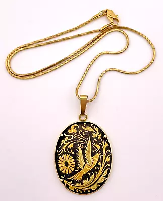 Vintage Damascene Gold Tone Engraved Oval Floral Bird Necklace Pendant Dove • $22