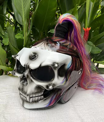 Custom Airbrush Helmet White Skull Ponytail Rainbow Hair Death Skull Reaper  • $219
