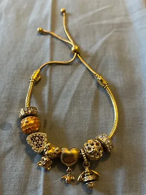 Pandora Yellow Gold Adjustable Bracelet With 8 Honeybee Honeycomb Charms • £250