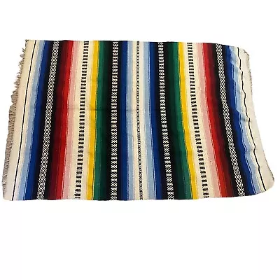 VTG Mexican Blanket Serape Bright Colorful Authentic Woven Striped Fringe 80” • $33.99