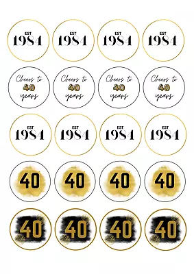 20x Edible 40th Birthday Champagne Prosecco Flute Drink Toppers Uncut BLACK/GOLD • £4