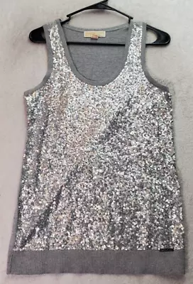 Michael Kors Tank Top Women Small Silver 100% Nylon Sequin Sleeveless Round Neck • $21.42