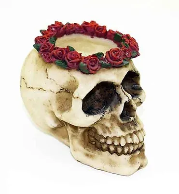 GOTHIC SKULL TEA LIGHT CANDLE HOLDER - Red Rose Halo - Free Candle Included! • £7.95