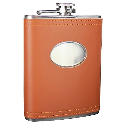 8oz Hip Flask Genuine Brown Leather Stainless Steel Engravable Christmas Gift UK • £9.99