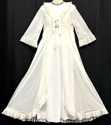 VTG 60s EVETTE Nightgown & Sheer Chiffon Peignoir Robe Set Bridal Ruffles Lace • $119.99