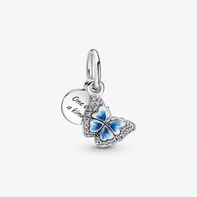 S925 Silver Plated Blue Butterfly & Quote Double Dangle Charm C58 • £12.95