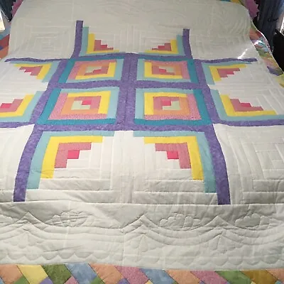 Log Cabin Vintage Handmade Quilt King Pink Purple Yellow Green Hand Quilted • $195