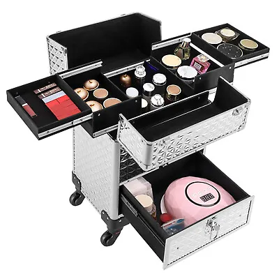 $72 • Buy Pro Rolling Makeup Train Case Cosmetic Trolley Organizer Makeup Case Silver