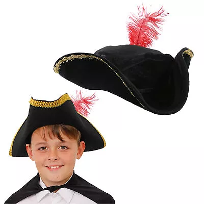 Child Musketeer Pirate Black Hat With Red Feather Medieval Fancy Dress Accessory • £4.99