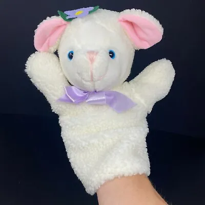 Vintage Kids II White Lamb Hand Puppet Pink Ears Sherpa Purple Flower Bow 1996  • $16.99