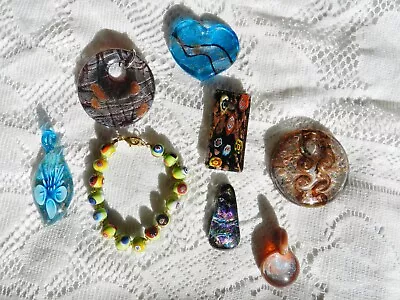 Lot Of 7 Art Glass~Dichronic Pendants & Rare Vibrant Green Millefiori Bracelet • $39.99