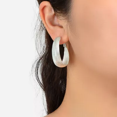 Indian Jewellery Silver Geometric Chunky Huggie Textured Hoop Statement Earrings • $2.98