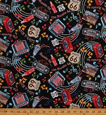 Cotton Route 66 Travel Transportation Music Fabric Print By The Yard D685.52 • $12.95